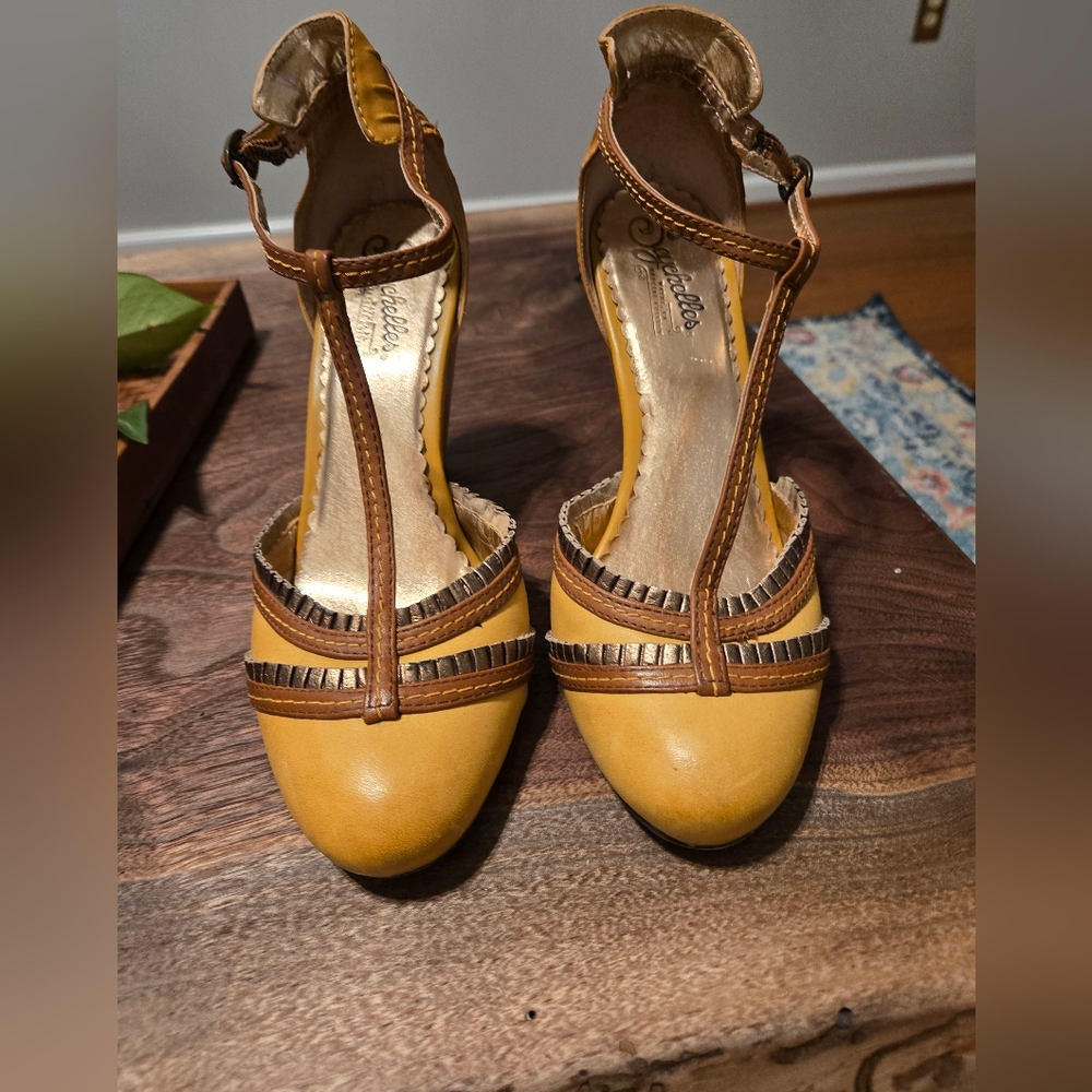 Seychelles Mustard Yellow T-Strap Ruffle Heels, Sold By Anthropologie Size 8